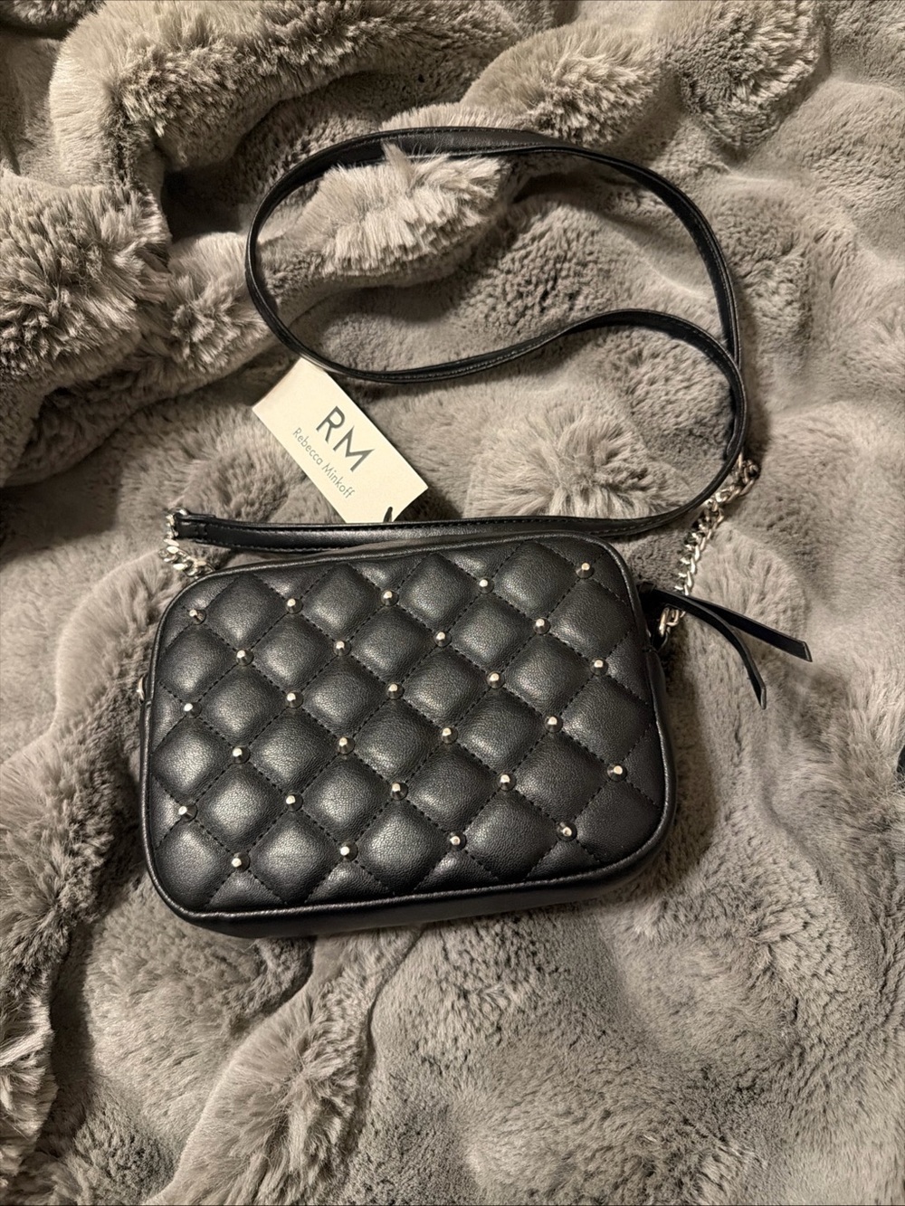 Rebecca Minkoff diamond 7x5x2 Black Quilted Studded Crossbody Bag